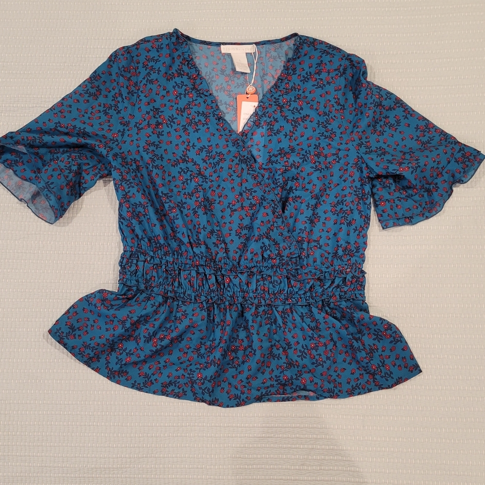 Design History blue Peplum blouse Large (NWT)